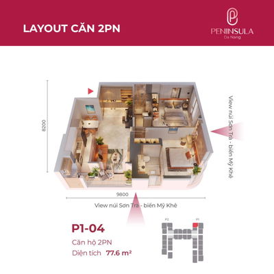 Căn hộ góc 2PN siêu rộng 77.6m² view 2 mặt thoáng, nội thất cao cấp giá chỉ từ 4 tỷ