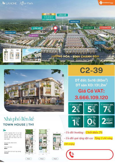 Bán Nhà Phố River Park LAHome ,Chiết Khấu 7% Tiền Mặt (Hơn 230 Triệu)