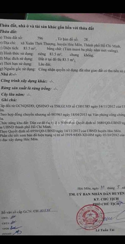 Bán đất thổ cư: 84m, ngang 5 xuân thới thượng,Hocmon