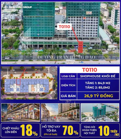 Shophouse khối đế kinh doanh dự án Sun Ponte view sông Hàn căn T0110 169m2, chiết khấu đến 18%