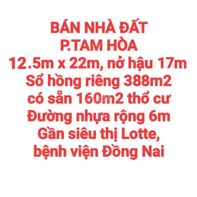 BÁN NHÀ ĐẤT TAM HÒA 338m2, SỔ HỒNG THỔ CƯ, ĐƯỜNG NHỰA 6m GẦN LOTTE