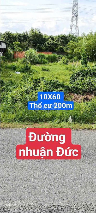 Đất bán đường Lớn nhuận Đức , 10X60 Thổ 200m, Tại Củ Chi