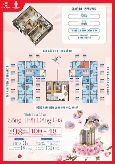 CH ở ngay TTHC, 77m2-2pn/giá 2.8 tỷ. Cho thuê 15tr/tháng( hđ thuê sẵn)
