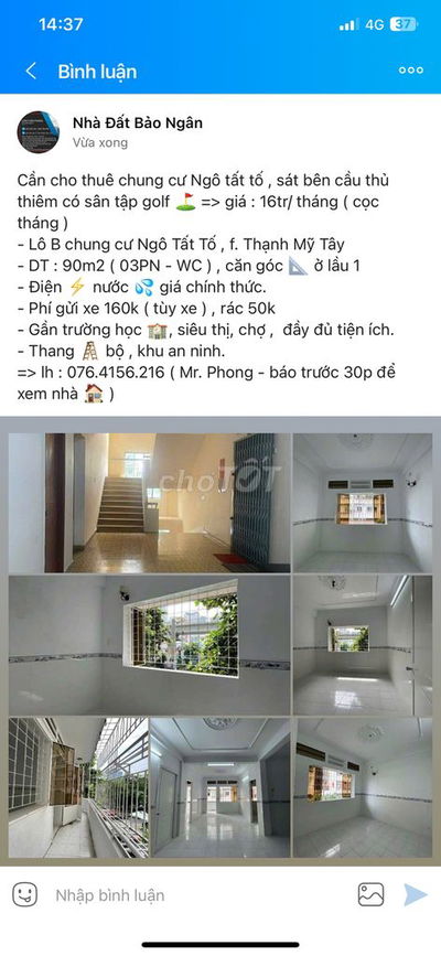 Chung cư Ngô tất tố => 16tr/ tháng