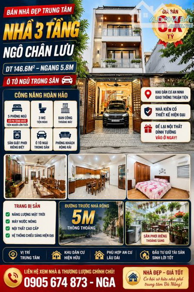 🔥 NHÀ 3 TẦNG Đường Ngô Chân Lưu – DT 146.6M² NGANG 5.8M – Ô TÔ NGỦ TRONG SÂN – GIÁ 6.X TỶ
