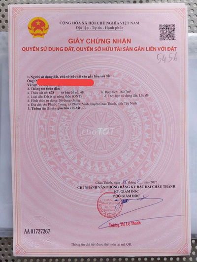 CHÍNH CHỦ CẦN BÁN LÔ ĐẤT TÂY NINH FULL THỔ CƯ GIÁ 185TR