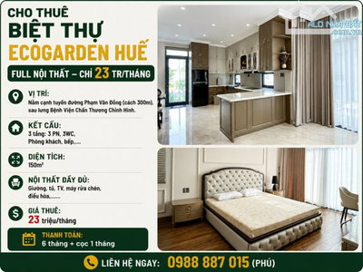 💥 Cho Thuê Biệt Thự Full Nội Thất EcoGarden Huế Chỉ 23 tr/tháng
