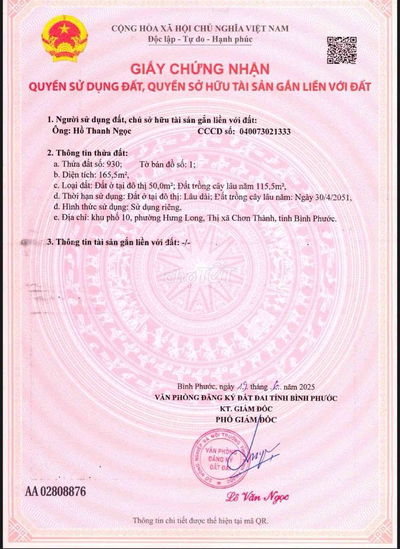 Bán lô đất 165m mặt tiền Cao Bá Quát Chơn Thành