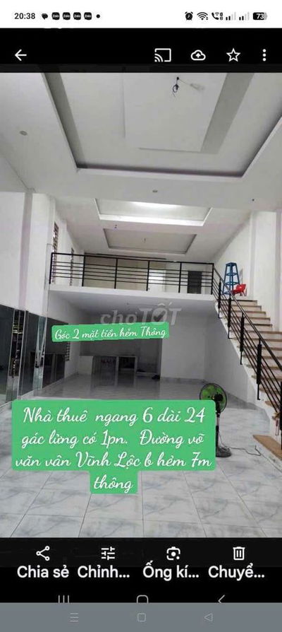 NHÀ THUÊ 6 ×24 Gác Lửng có 1pn. Hẻm 7 m Đường Võ Văn Vân vĩnh lộc B