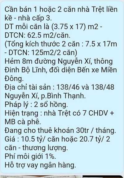 Cần bán 1 hoặc 2 căn nhà cấp 3 liền kề.