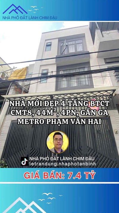 NHÀ 4 TẦNG BTCT CMT8, 44M², 4PN, GẦN GA METRO PHẠM VĂN HAI, CHỈ 7.4T