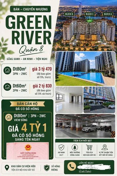Chính chủ bán CH Green River Dt80m2/ 3PN giá 3tỷ230 view sông quận 8