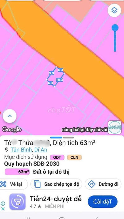 THẬT100%:Lô Mặt tiền Nguyễn Thị Tươi 6.3x10,Tân Bình,Dĩ An, Bình Dương