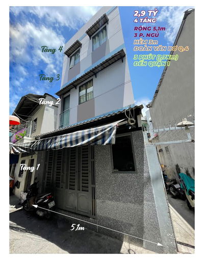 CHỈ 2,9 TỶ NHÀ 4 TẦNG 5,1x6,2m CĂN GÓC 2 MẶT HẺM 3m ĐOÀN VĂN BƠ QUẬN 4