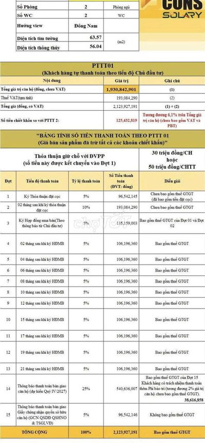 Bán căn hộ Bcons Solary Dĩ An chỉ 33,5tr/m2