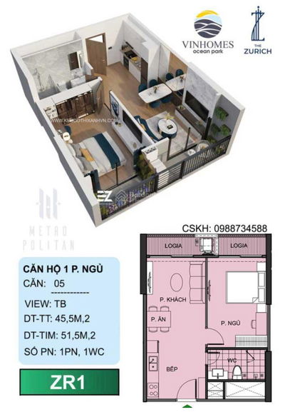 Chính chủ chuyển nhượng căn hộ ZR1.0325  1PN, 47,5m² giá tốt, pháp lý chuẩn!