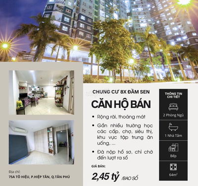 Căn hộ 64m2, 2 PN 1 WC, 8x Đầm Sen, Tô Hiệu, Q.Tân Phú