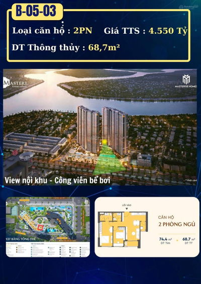 Bán căn hộ 2PN giá chỉ 4,55 tỷ - 74,3m2 tại Masteri Rivera Danang, view trọn vẹn pháo hoa DIFF