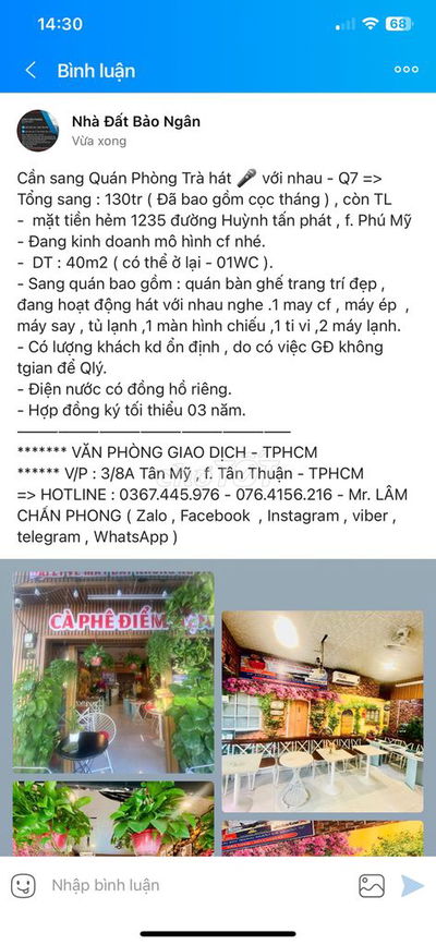 Cần sang MBKD Quán cf ,Q7 => Tổng sang 130tr ( TL )