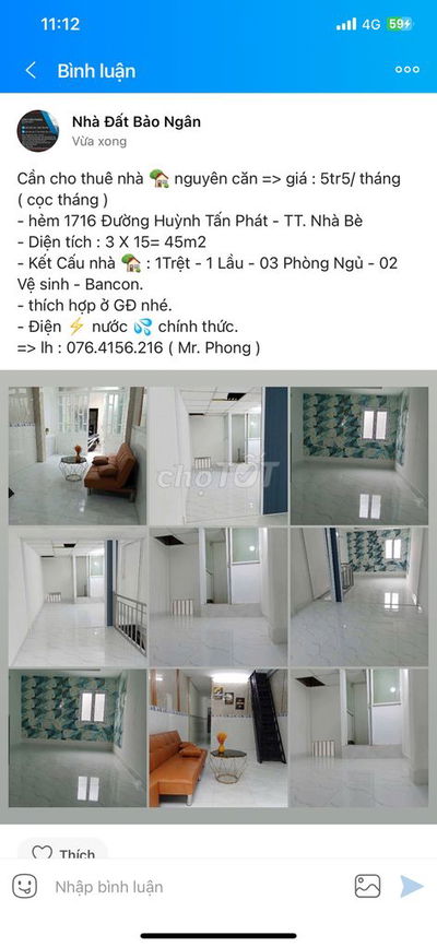 Nhà hẻm 1716 đường Huỳnh tấn phát => 5tr5/ tháng
