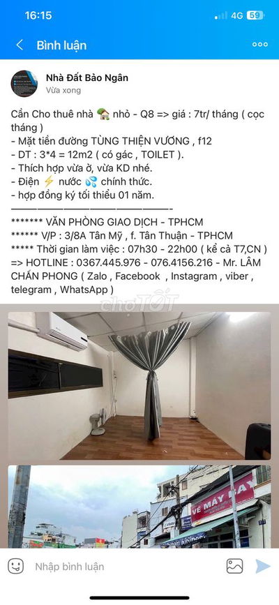 Nhà nhỏ mặt tiền Tùng Thiện Vương,Q8 => 7tr/ tháng