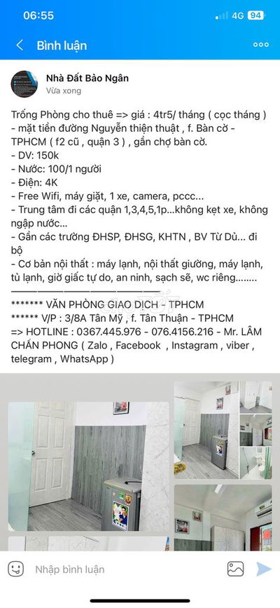 Trống phòng đường Nguyễn Thiện Thuật , Q3 => 4tr/ tháng