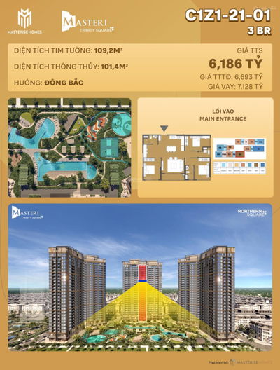 BÁN CĂN 3PN VIEW NỘI KHU ĐẸP - TẦNG 21 MASTERI TRINITY SQUARE - GIÁ CHỈ TỪ 6,1 TỶ