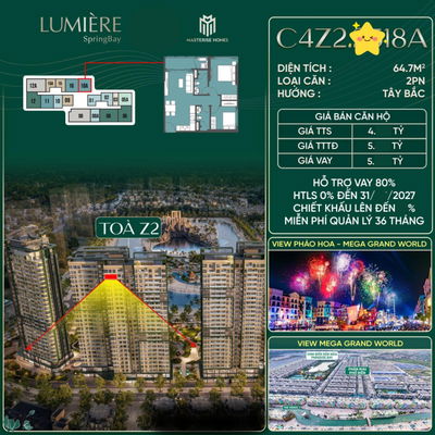 Đỉnh cao đầu tư: Căn góc 2PN Lumiere Springbay, view hồ + pháo hoa vĩnh cửu Giá 4,4 tỷ-63,5tr/m²