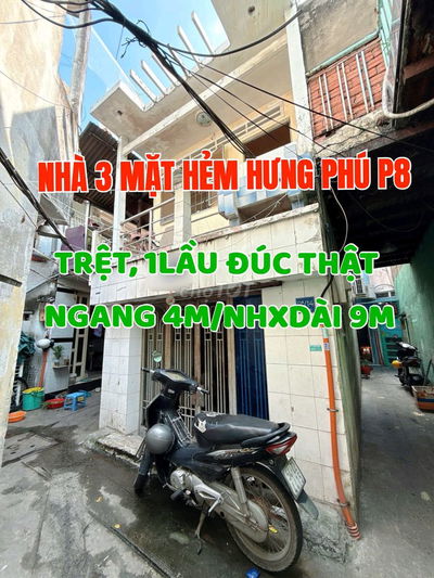 Căn góc 3 MT, 1trệt, 1lầu, Hẻm 2A Hưng Phú, P8, Q8. N4m/ NH 4,7m x D9m