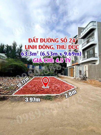 BÁN ĐẤT 2 MẶT TIỀN ĐƯỜNG SỐ 24, LINH ĐÔNG, THỦ ĐỨC – DT 63.3M² – GIÁ 4