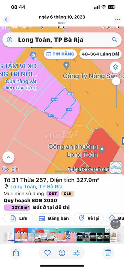 Cần bán 328m2 đất thổ cư mt đường CMT8-ĐT44 phường Bà Rịa-Tphcm
