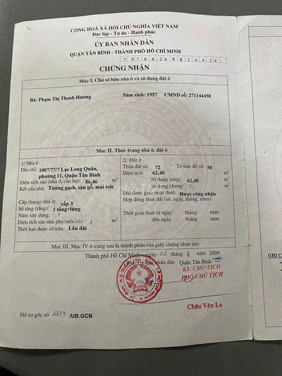CẦN BÁN NHÀ CHÍNH CHỦ 1007/77/ LẠC LONG QUÂN, TÂN BÌNH