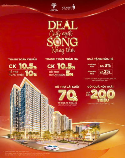 Giảm sốc 23.5% căn hộ 2PN+ Glory Heights, giá rẻ chỉ 3.6 tỷ. TT giãn 180 ngày, tặng nội thất 150tr