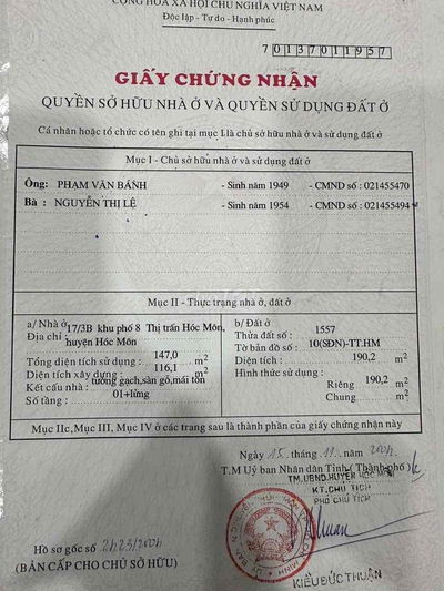 Bán Đất Thị Trấn Hóc Môn 190m2 thổ cư, giá 4,5 tỷ, Lh ***