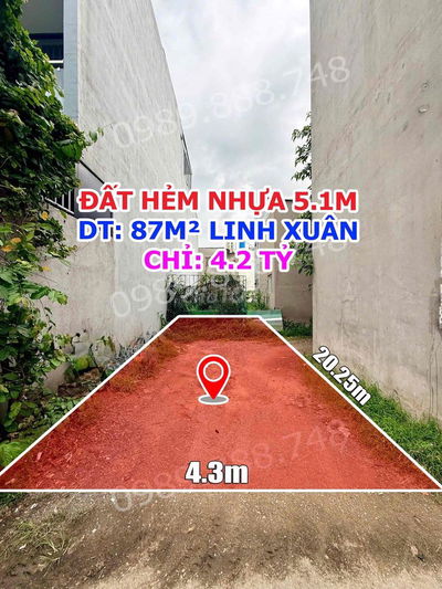 BÁN ĐẤT HẺM NHỰA 5.1M – DT 87M² – ĐƯỜNG SỐ 9, LINH XUÂN – CHỈ 4.2 TỶ