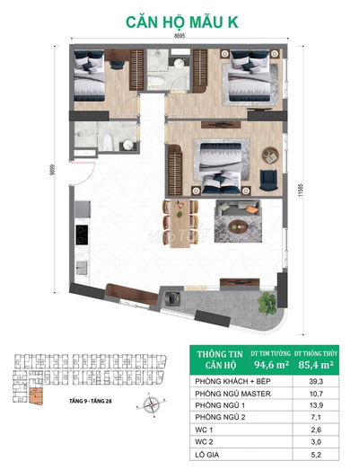 CĂN 3PN GÓC 94M2 THÁP CAO CẤP DIAMOND - BCONS CITY VIEW HỒ BƠI & TTTM